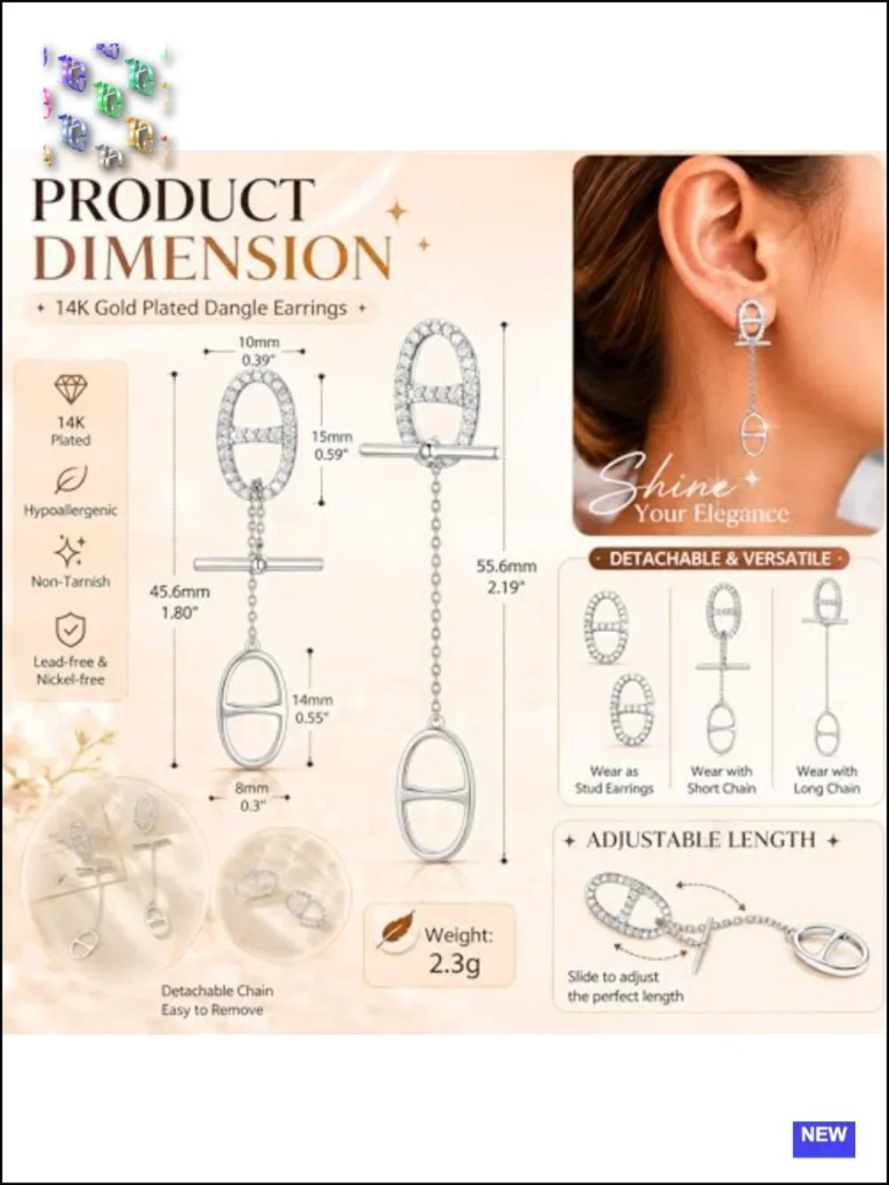 14K White Gold Plated Drop Dangle Earrings, Cubic Zirconia Convertible Earrings
